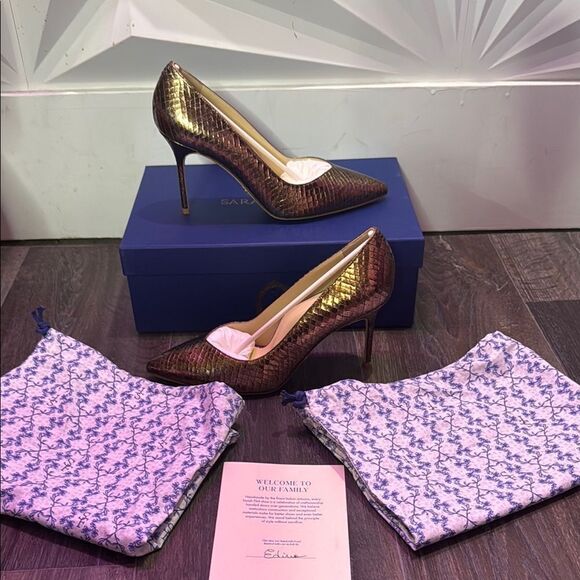Sarah Flint Sequel Perfect Pump 85 Gold Snake Embossed Leather Heel Size 8.5 - Picture 1 of 7